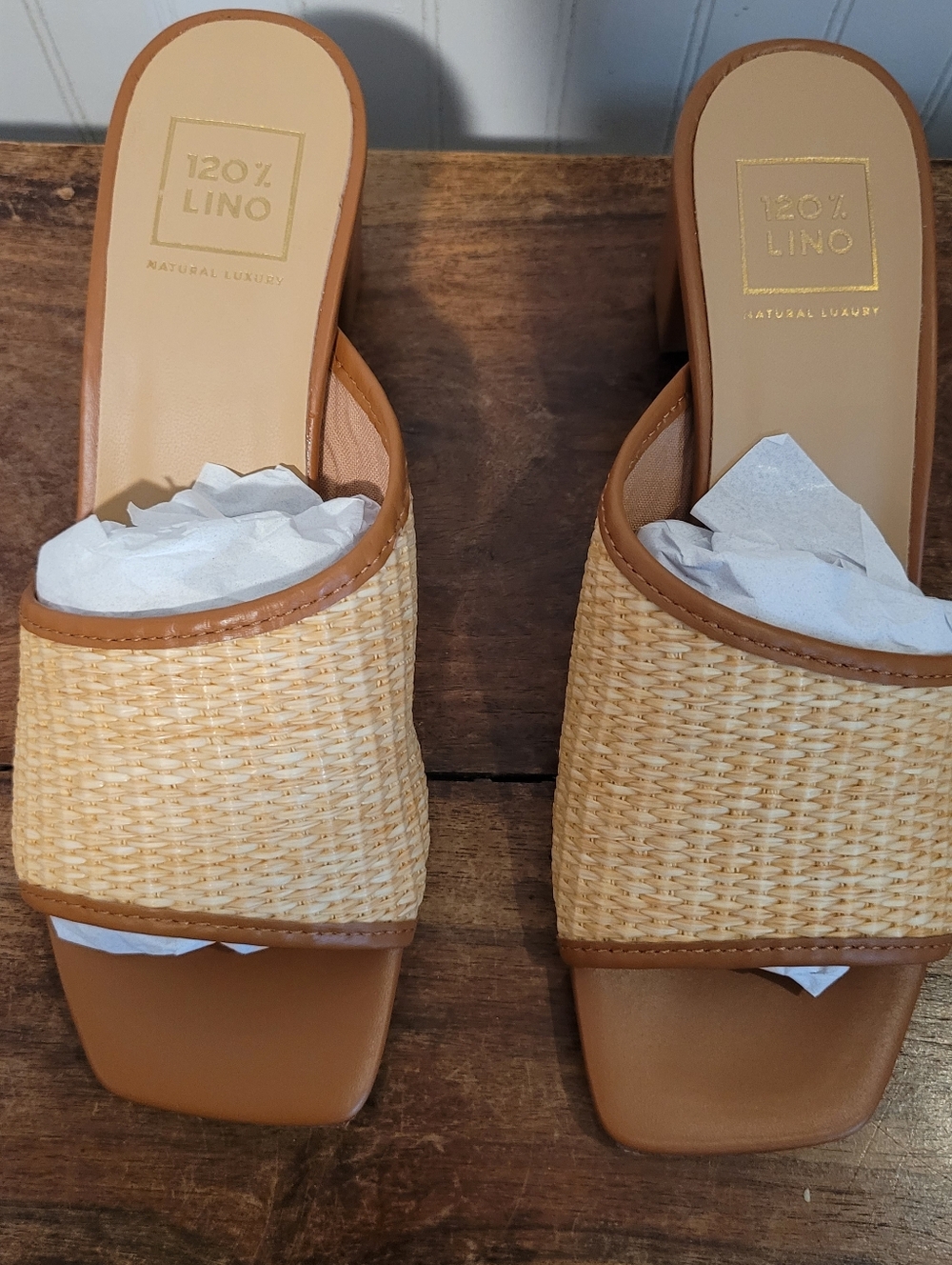 120% Lino Raffia Slide Sandals Block Heel  Size US 8.5 EU39  Tan Natural NWOB - Picture 2 of 10